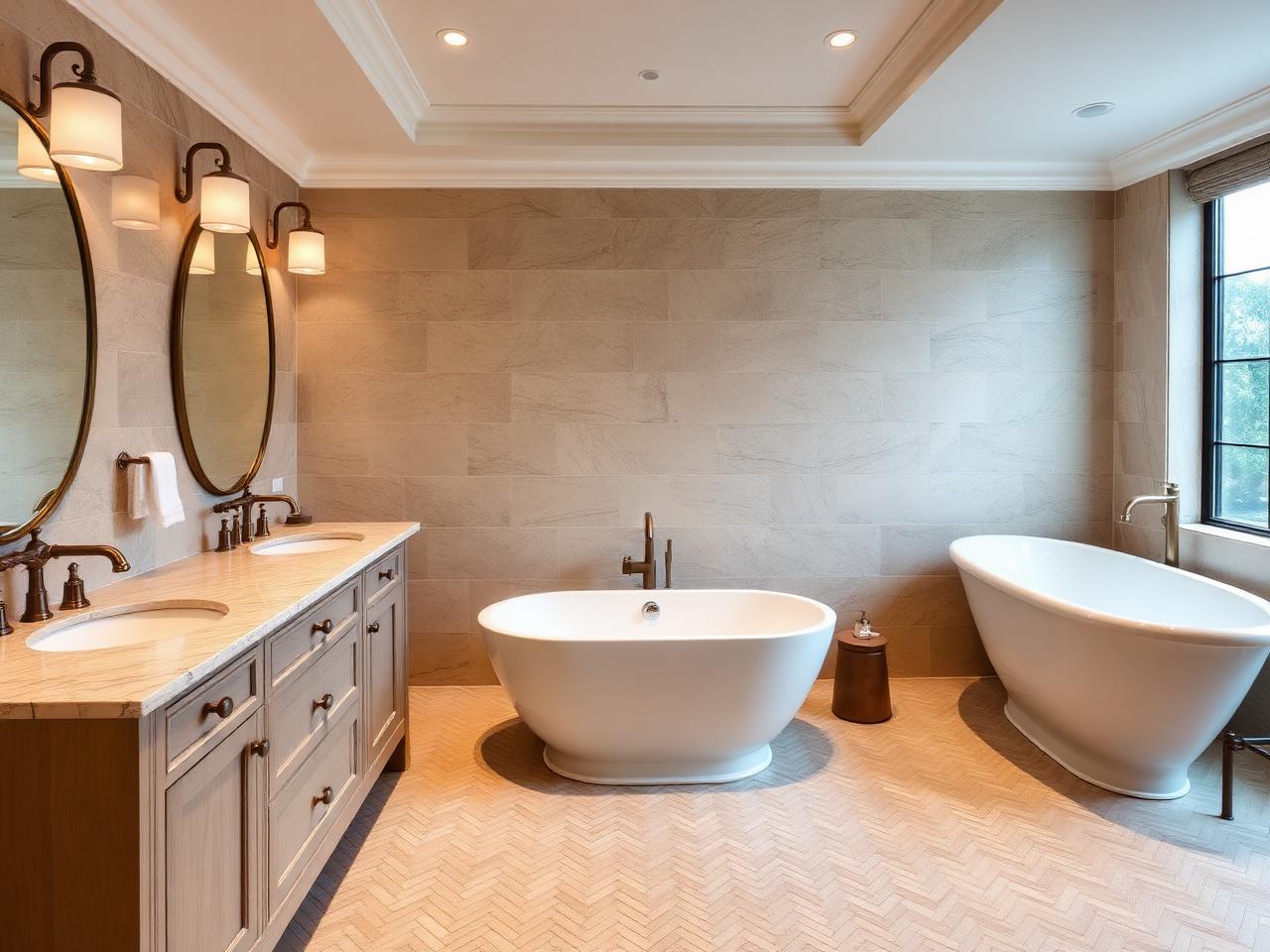 Spa-style master bathroom with twin baths