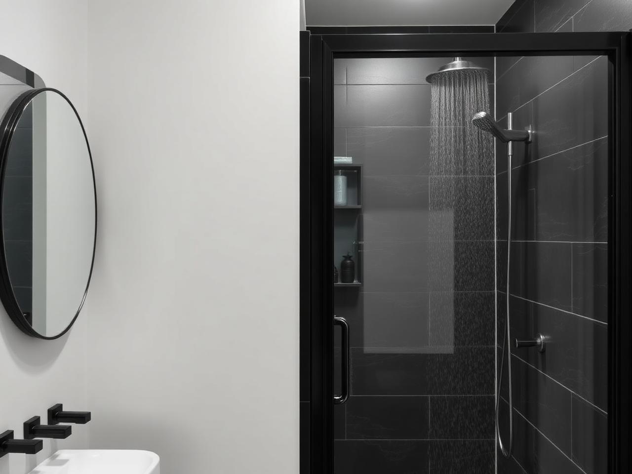 Walk-in shower with black tiles